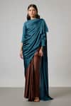 Buy_NA-KA_Teal Satin Boat Neck Draped Top And Pleated Skirt Set _Online_at_Aza_Fashions