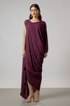 NA-KA Wine Georgette Round Neck Asymmetric Sleeve Cowl And Pleated Gown Online at Aza Fashions NA-KA_Wine Georgette Round Neck Asymmetric Sleeve Cowl And Pleated Gown _Online_at_Aza_Fashions