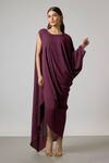 Buy NA-KA Wine Georgette Round Neck Asymmetric Sleeve Cowl And Pleated Gown at Aza Fashions Buy_NA-KA_Wine Georgette Round Neck Asymmetric Sleeve Cowl And Pleated Gown _at_Aza_Fashions