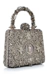 Shop Tarun Tahiliani Silver Embroidery, Stones, Beads Mughal Motif Zardozi Clutch Shop_Tarun Tahiliani_Silver Embroidery, Stones, Beads Mughal Motif Zardozi Clutch