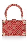 Shop Tarun Tahiliani Red Beads, Stones, Tassels Beaded Handle Brocade Clutch Bag Shop_Tarun Tahiliani_Red Beads, Stones, Tassels Beaded Handle Brocade Clutch Bag