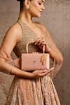 Shop Tarun Tahiliani Pink Beads, Stones, Tassels Beaded Handle Floral Brocade Clutch Bag Shop_Tarun Tahiliani_Pink Beads, Stones, Tassels Beaded Handle Floral Brocade Clutch Bag