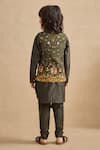 Shop_Kalista_Olive Green Viscose, Silk, Chanderi Reyhan Floral Print Bundi Kurta Set _at_Aza_Fashions