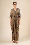 Buy_Tarun Tahiliani_Brown Mirrors V-neck Paisley Floral Print Dress _Online_at_Aza_Fashions
