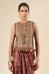 Tarun Tahiliani_Red Round Neck Mirror Embroidered Vest _at_Aza_Fashions