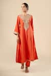 Buy Sheetal Batra Orange Embroidery, Zari Split V-neck Yoke Kurta With Pant at Aza Fashions Buy_Sheetal Batra_Orange Embroidery, Zari Split V-neck Yoke Kurta With Pant _at_Aza_Fashions