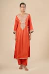 Shop Sheetal Batra Orange Embroidery, Zari Split V-neck Yoke Kurta With Pant Online at Aza Fashions Shop_Sheetal Batra_Orange Embroidery, Zari Split V-neck Yoke Kurta With Pant _Online_at_Aza_Fashions