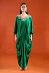 Shop Anamika Khanna Emerald Green Embroidery V-neck Yoke Draped Cape Dress Online at Aza Fashions Shop_Anamika Khanna_Emerald Green Embroidery V-neck Yoke Draped Cape Dress _Online_at_Aza_Fashions