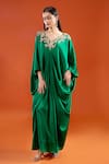 Anamika Khanna Emerald Green Embroidery V-neck Yoke Draped Cape Dress at Aza Fashions Anamika Khanna_Emerald Green Embroidery V-neck Yoke Draped Cape Dress _at_Aza_Fashions