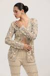 Buy_Bling Empire_Beige Mesh, Lycra Crystals, Beads, Pearls Aurora Embellished Jacket And Pant Set _Online_at_Aza_Fashions