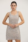 Buy_Bling Empire_Silver Mesh, Lycra Beads, Crystals, Embroidery V-neck Luna Cocktail Dress _at_Aza_Fashions