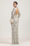 Bling Empire_White Mesh, Lycra Crystals, Beads, Feathers Luna Mirage Grids Embellished Gown _Online_at_Aza_Fashions