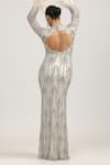 Shop_Bling Empire_White Mesh, Lycra Crystals, Beads, Feathers Luna Mirage Grids Embellished Gown _at_Aza_Fashions