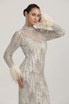 Buy_Bling Empire_White Mesh, Lycra Crystals, Beads, Feathers Luna Mirage Grids Embellished Gown _Online_at_Aza_Fashions