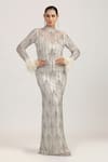 Buy_Bling Empire_White Mesh, Lycra Crystals, Beads, Feathers Luna Mirage Grids Embellished Gown _at_Aza_Fashions