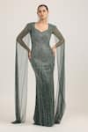 Buy_Bling Empire_Emerald Green Mesh, Lycra Beads Sweetheart Solstice Cape Sleeve Embroidered Gown _at_Aza_Fashions