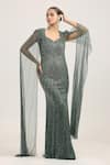 Buy_Bling Empire_Emerald Green Mesh, Lycra Beads Sweetheart Solstice Cape Sleeve Embroidered Gown _Online_at_Aza_Fashions