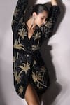 Bling Empire_Black Mesh, Lycra Sequins, Embroidery V-neck Palm Noir Mini Wrap Dress _Online_at_Aza_Fashions