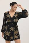 Buy_Bling Empire_Black Mesh, Lycra Sequins, Embroidery V-neck Palm Noir Mini Wrap Dress _at_Aza_Fashions