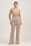 Buy_Bling Empire_Beige Mesh, Lycra Crystals, Beads Bandeau Strapless Top And Trouser Co-ord Set _at_Aza_Fashions