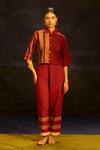 Shop Banana Labs Maroon Cotton Metallic Thread, Zari Collared, Striped Panel Top And Pant Set at Aza Fashions Shop_Banana Labs_Maroon Cotton Metallic Thread, Zari Collared, Striped Panel Top And Pant Set _at_Aza_Fashions