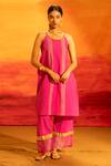 Shop Banana Labs Fuchsia Cotton Zari, Foil Printing Round Neck Striped Tunic Palazzo Set at Aza Fashions Shop_Banana Labs_Fuchsia Cotton Zari, Foil Printing Round Neck Striped Tunic Palazzo Set _at_Aza_Fashions