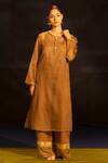 Shop Banana Labs Brown Kota Doria, Cotton Round Neck Polka Dot Kurta Palazzo Set Online at Aza Fashions Shop_Banana Labs_Brown Kota Doria, Cotton Round Neck Polka Dot Kurta Palazzo Set _Online_at_Aza_Fashions
