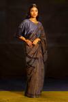 Banana Labs_Navy Tussar, Kota Doria Square Neck Color Block Pattern Saree With Blouse _Online_at_Aza_Fashions
