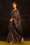 Banana Labs_Navy Tussar, Kota Doria Square Neck Color Block Pattern Saree With Blouse _at_Aza_Fashions