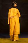 Shop Banana Labs Mustard Kota Doria, Cotton Fringe Mandarin Collar Kurta Palazzo Set at Aza Fashions Shop_Banana Labs_Mustard Kota Doria, Cotton Fringe Mandarin Collar Kurta Palazzo Set _at_Aza_Fashions