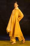 Buy Banana Labs Mustard Kota Doria, Cotton Fringe Mandarin Collar Kurta Palazzo Set at Aza Fashions Buy_Banana Labs_Mustard Kota Doria, Cotton Fringe Mandarin Collar Kurta Palazzo Set _at_Aza_Fashions
