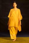 Banana Labs Mustard Kota Doria, Cotton V-neck Kaftan Palazzo Set Online at Aza Fashions Banana Labs_Mustard Kota Doria, Cotton V-neck Kaftan Palazzo Set _Online_at_Aza_Fashions