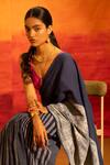 Shop Banana Labs Navy Cotton, Crinkle V-neck Striped Saree And Blouse Set Online at Aza Fashions Shop_Banana Labs_Navy Cotton, Crinkle V-neck Striped Saree And Blouse Set _Online_at_Aza_Fashions