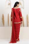 Shop BAIDEHI Red Crepe, Silk, Bemberg Sequins, Zari, Pre-draped Saree With Embroidered Jacket at Aza Fashions Shop_BAIDEHI_Red Crepe, Silk, Bemberg Sequins, Zari, Pre-draped Saree With Embroidered Jacket _at_Aza_Fashions
