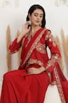 Shop BAIDEHI Red Crepe, Silk, Bemberg Sequins, Zari, Pre-draped Saree With Embroidered Jacket Online at Aza Fashions Shop_BAIDEHI_Red Crepe, Silk, Bemberg Sequins, Zari, Pre-draped Saree With Embroidered Jacket _Online_at_Aza_Fashions