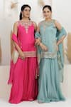 Buy_BAIDEHI_Blue Satin, Silk, Georgette, Organza Sequins, Beads, Pearls, Kurta Sharara Set 