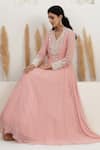 BAIDEHI_Peach Georgette Beads, Pearls, Sequins Collared Cutdana And Embroidered Gown _Online_at_Aza_Fashions