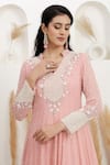 Buy_BAIDEHI_Peach Georgette Beads, Pearls, Sequins Collared Cutdana And Embroidered Gown _Online_at_Aza_Fashions
