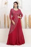 Buy_BAIDEHI_Red Georgette Beads, Sequins, Embroidery Round Neck Draped Saree Gown _at_Aza_Fashions