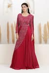BAIDEHI_Red Georgette Beads, Sequins, Embroidery Round Neck Draped Saree Gown _Online_at_Aza_Fashions