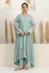 Buy_BAIDEHI_Blue Bemberg, Silk Beads, Pearls, Sequins, Asymmetric Anarkali Kurta And Pant Set _at_Aza_Fashions