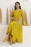 Buy_BAIDEHI_Mustard Silk, Bemberg Embroidery, Sequins, Beads, Asymmetrical Kurta And Pant Set _Online_at_Aza_Fashions