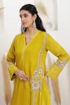 Shop_BAIDEHI_Mustard Silk, Bemberg Embroidery, Sequins, Beads, Asymmetrical Kurta And Pant Set _Online_at_Aza_Fashions