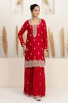 BAIDEHI_Red Satin, Silk, Organza Beads, Sequins, Pearls, Cutdana And Kurta Sharara Set _Online_at_Aza_Fashions