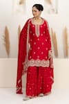 Buy_BAIDEHI_Red Satin, Silk, Organza Beads, Sequins, Pearls, Cutdana And Kurta Sharara Set _at_Aza_Fashions