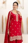BAIDEHI_Red Satin, Silk, Organza Beads, Sequins, Pearls, Cutdana And Kurta Sharara Set _at_Aza_Fashions
