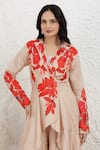 Shop_BAIDEHI_Beige Bemberg, Silk Applique, Embroidery V-neck Kurta And Palazzo Set _Online_at_Aza_Fashions