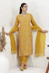 Buy_BAIDEHI_Mustard Silk, Organza Embroidery V-neck French Knot Kurta Set _at_Aza_Fashions