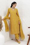 Shop_BAIDEHI_Mustard Silk, Organza Embroidery V-neck French Knot Kurta Set _Online_at_Aza_Fashions