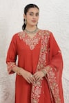 Shop_BAIDEHI_Orange Silk, Organza Embroidery, Applique V-neck Pitta Work Straight Kurta Set _Online_at_Aza_Fashions